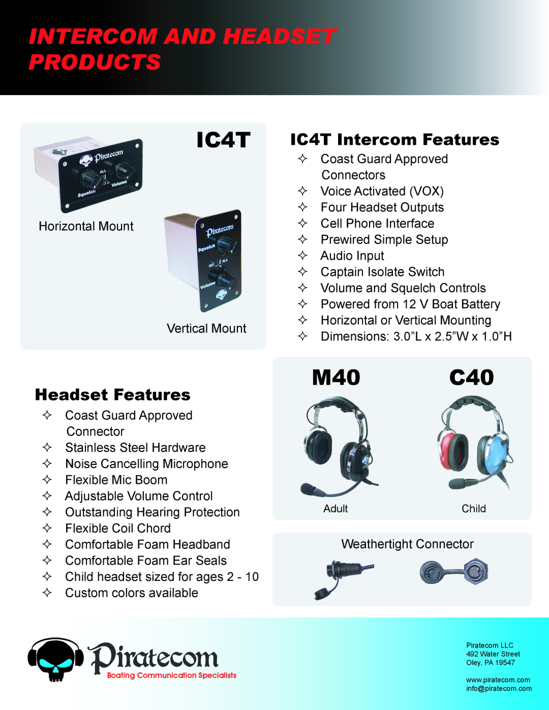 Piratecom manual Piratecom, Intercom and Headset Products, M40 C40, IC4T IC4T Intercom Features, Headset Features 