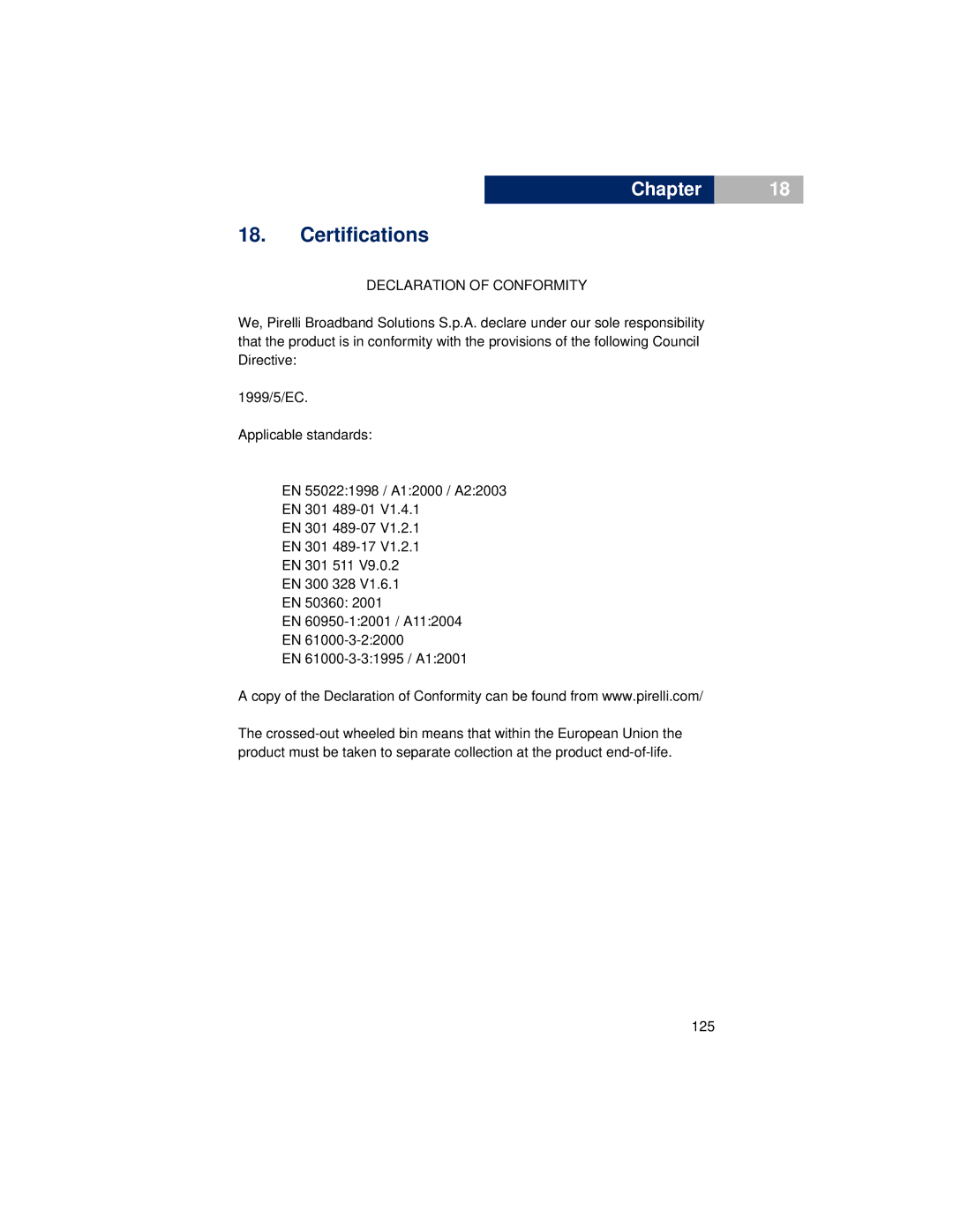 Pirelli DP-L10 manual Certifications, Declaration of Conformity 