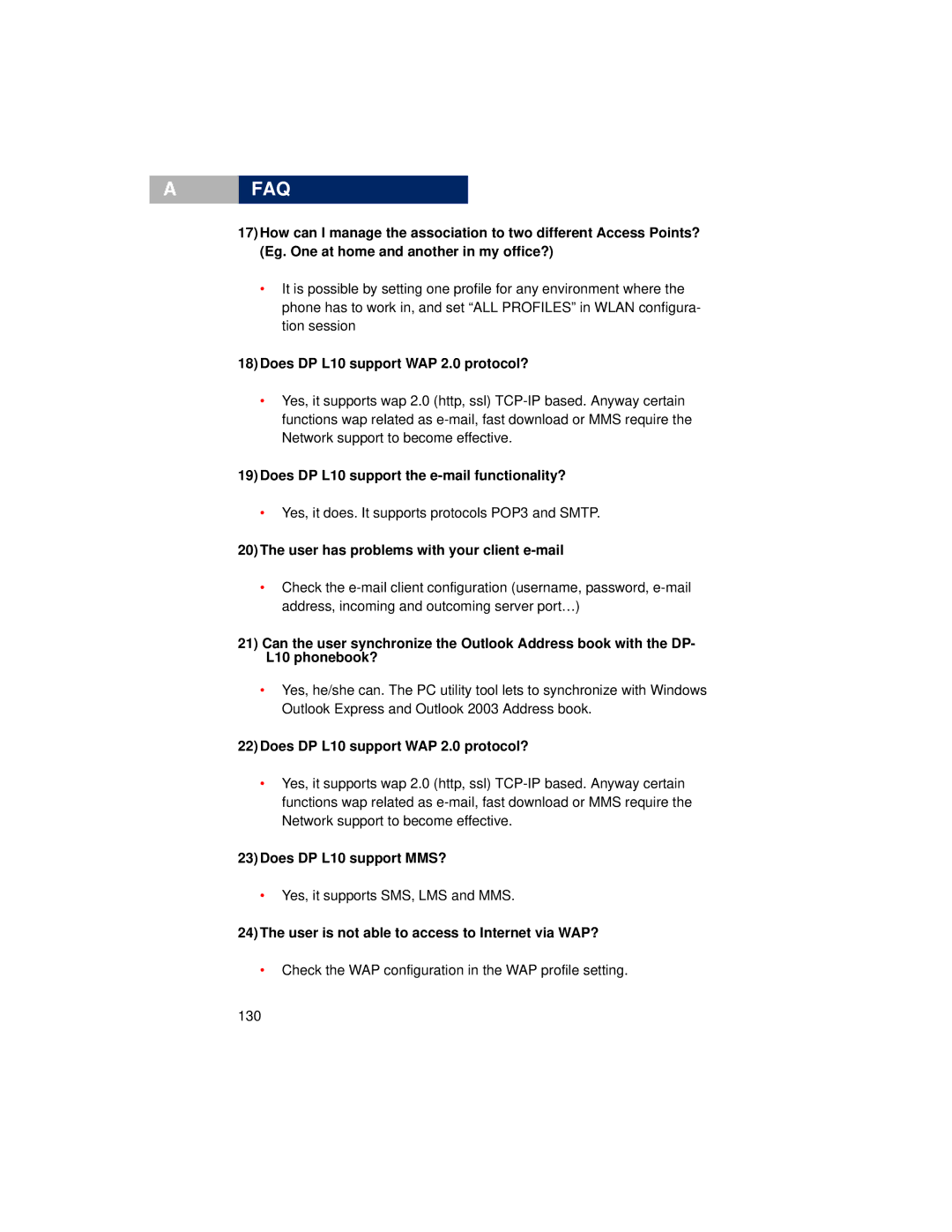 Pirelli DP-L10 manual 18Does DP L10 support WAP 2.0 protocol?, 19Does DP L10 support the e-mail functionality? 