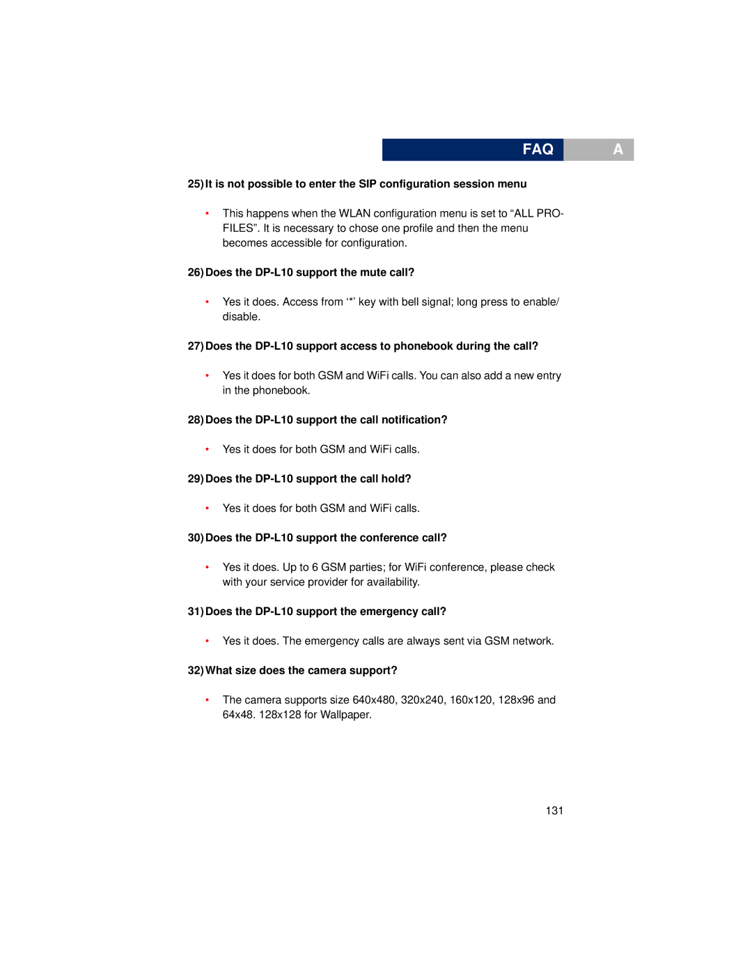 Pirelli manual 26Does the DP-L10 support the mute call?, 28Does the DP-L10 support the call notification? 