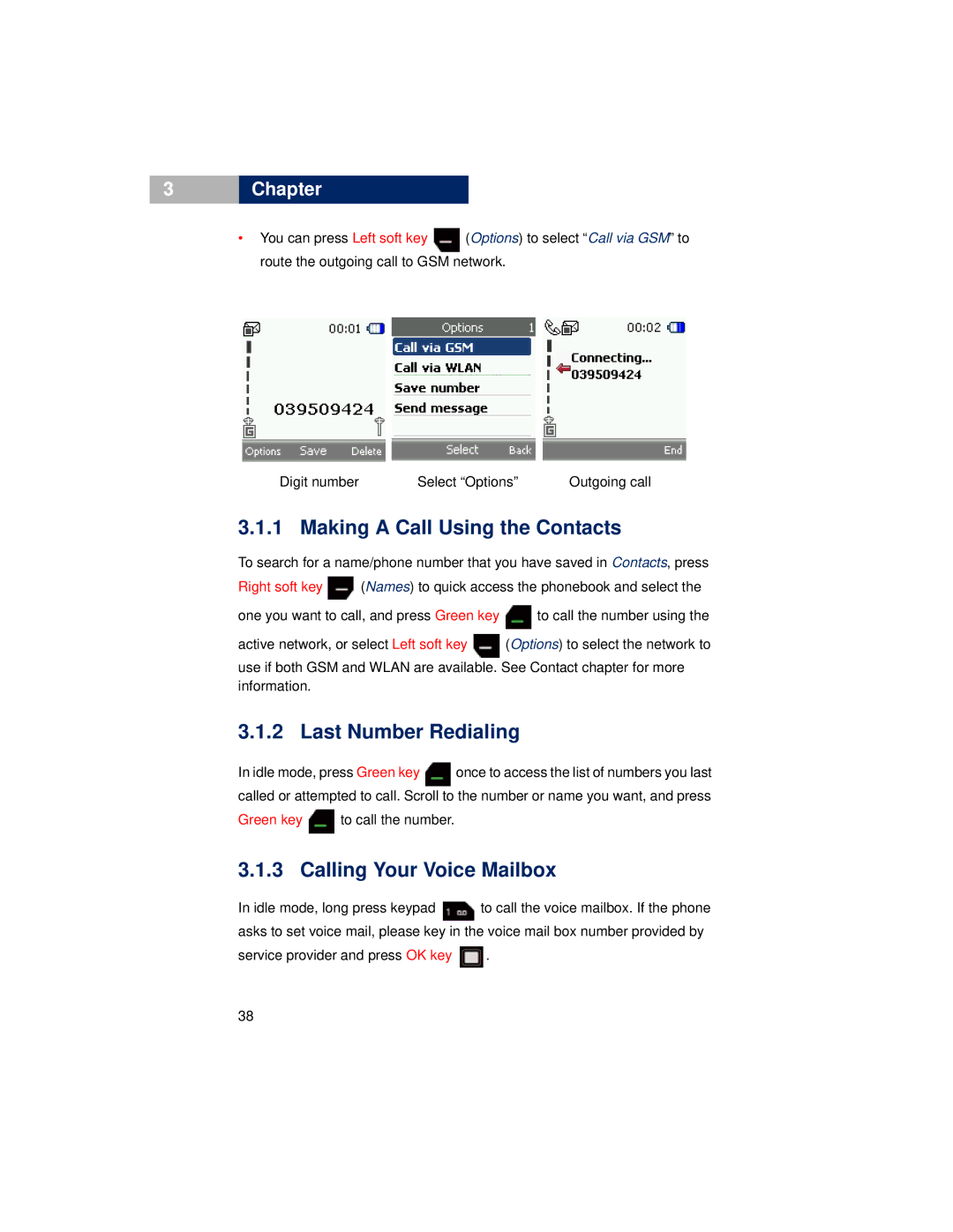 Pirelli DP-L10 manual Making a Call Using the Contacts, Last Number Redialing, Calling Your Voice Mailbox 