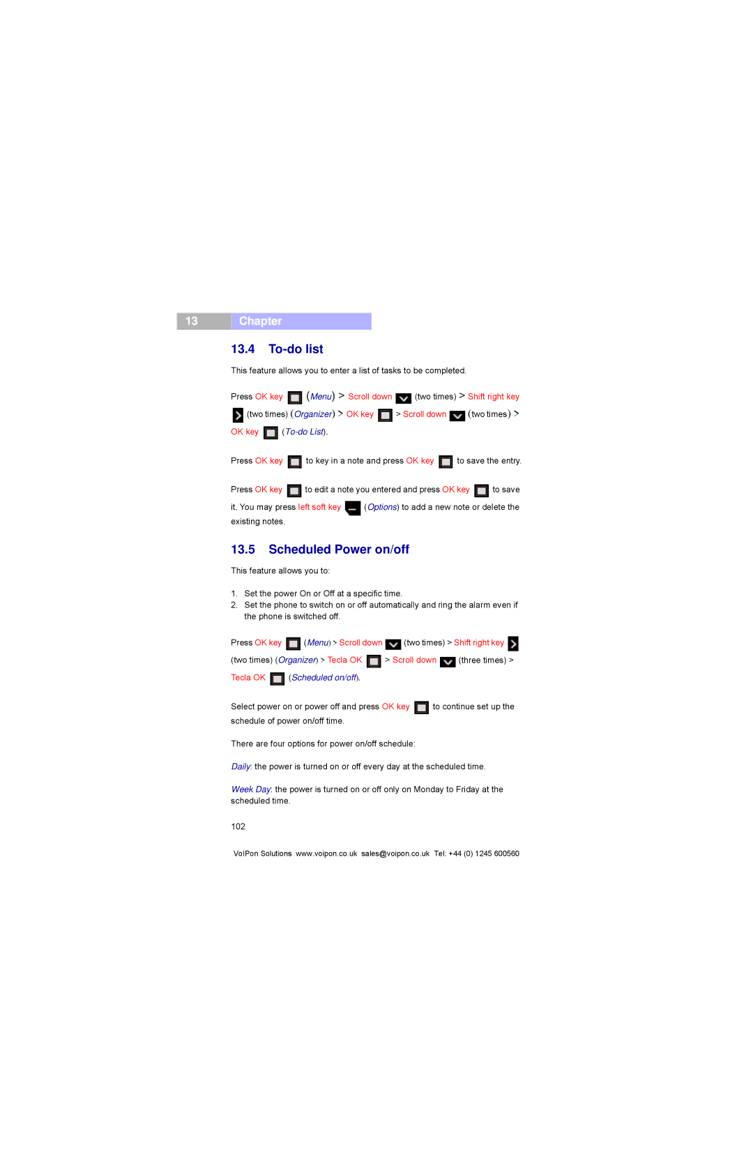 Pirelli DP-L10 manual To-do list, Scheduled Power on/off, OK key To-do List, Tecla OK Scheduled on/off 