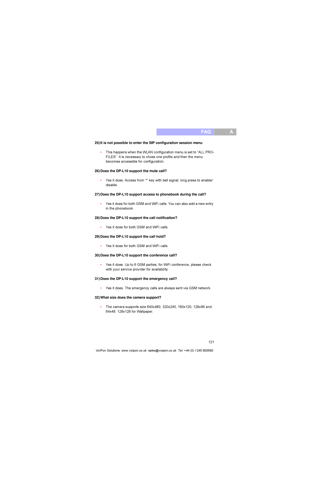 Pirelli manual 26Does the DP-L10 support the mute call?, 28Does the DP-L10 support the call notification? 