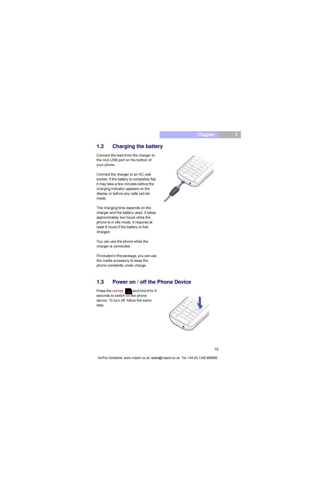 Pirelli DP-L10 manual Charging the battery, Power on / off the Phone Device 