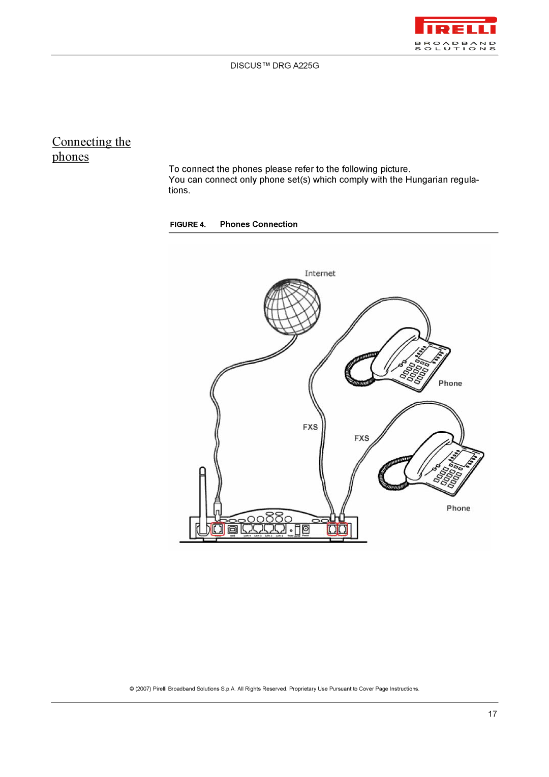 Pirelli DRG A225G manual Connecting the phones, Phones Connection 