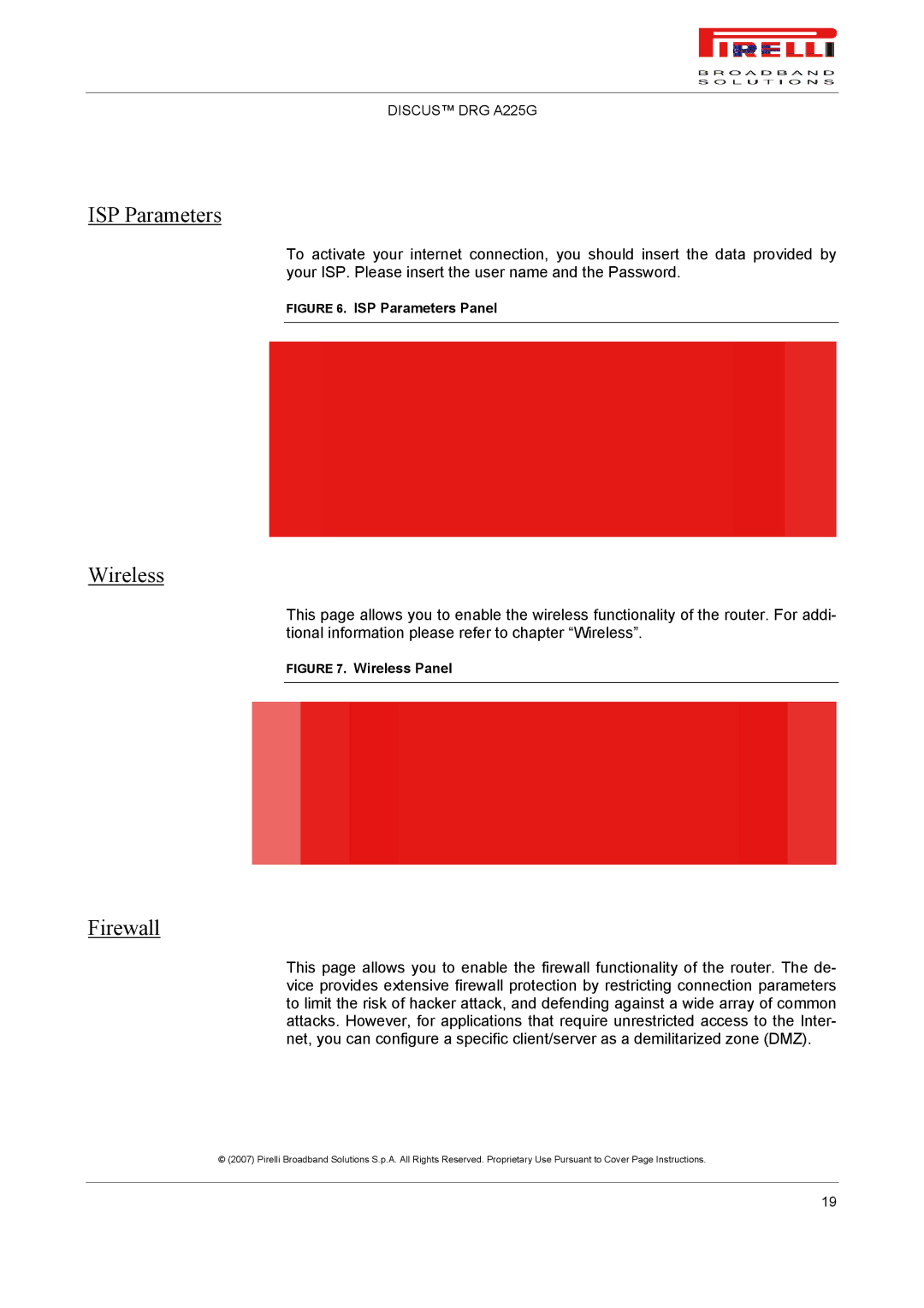 Pirelli DRG A225G manual ISP Parameters, Wireless, Firewall 