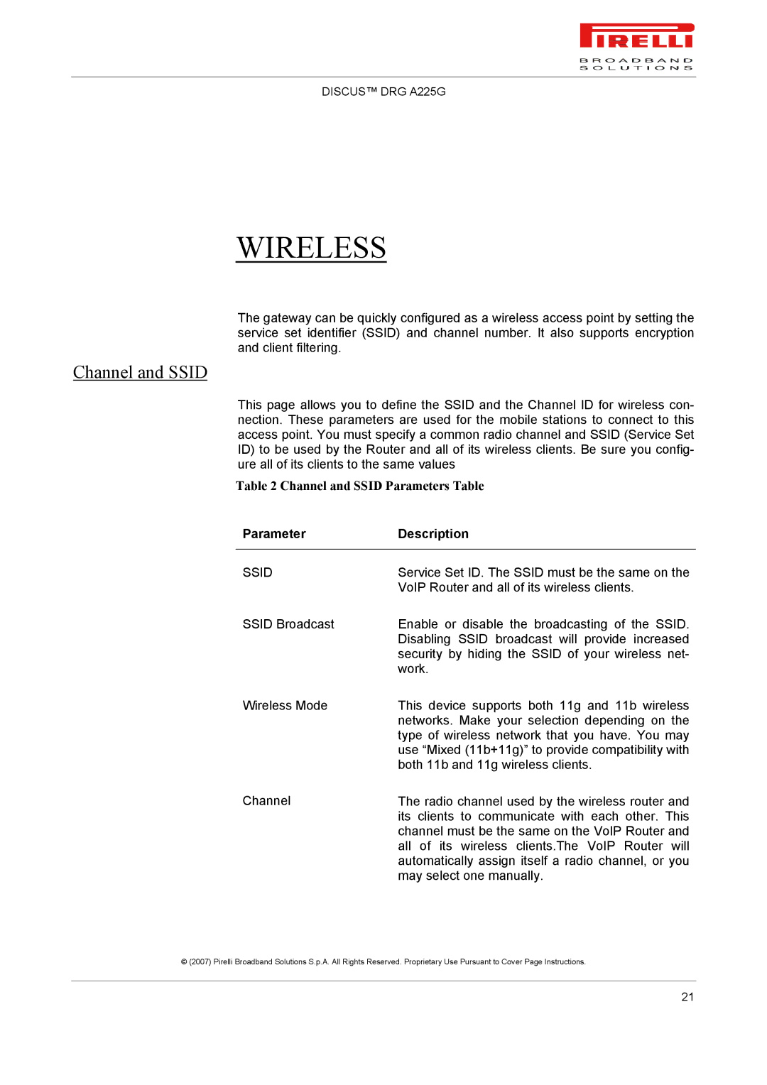 Pirelli DRG A225G manual Wireless, Channel and Ssid, Parameter Description 