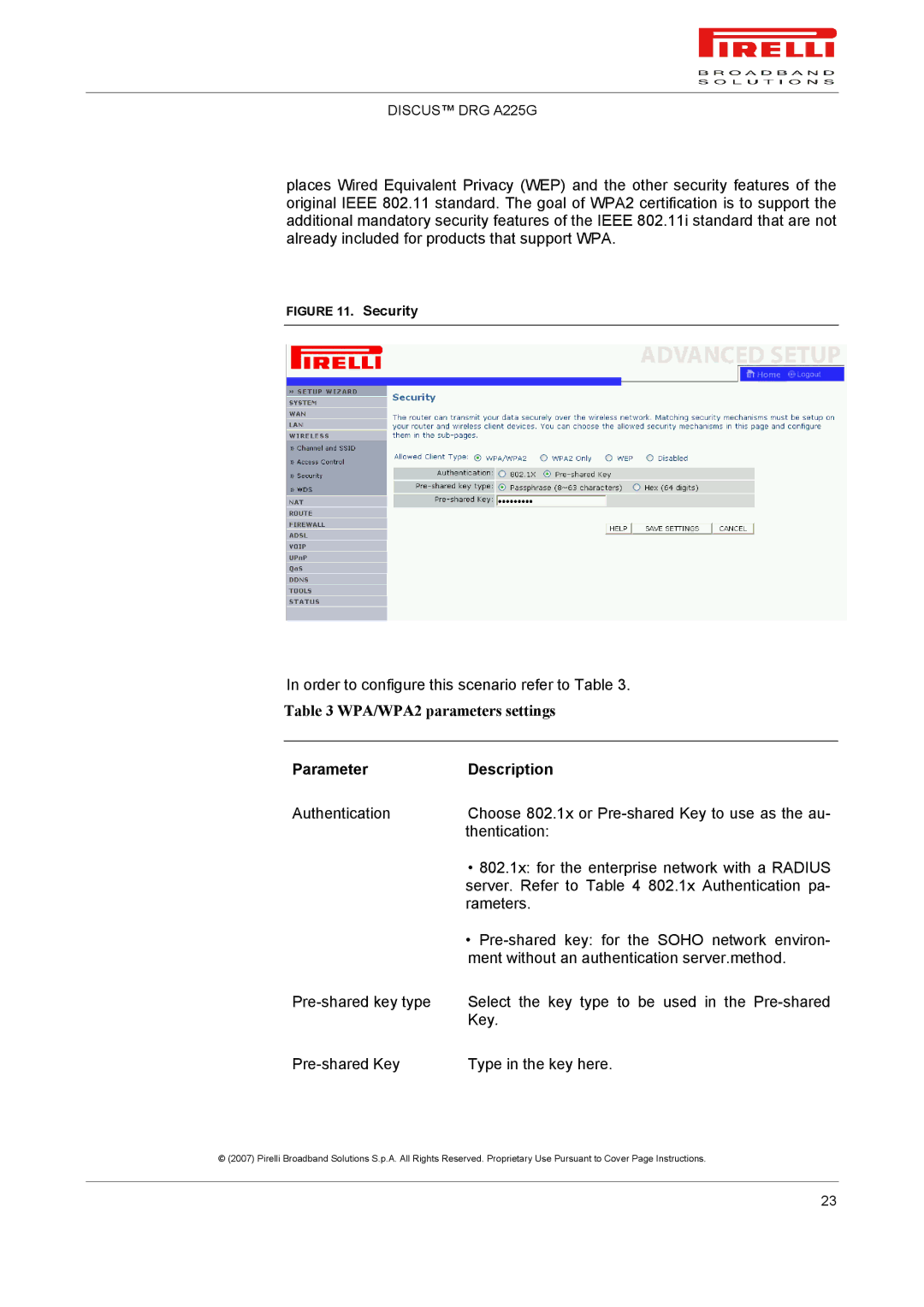 Pirelli DRG A225G manual WPA/WPA2 parameters settings 