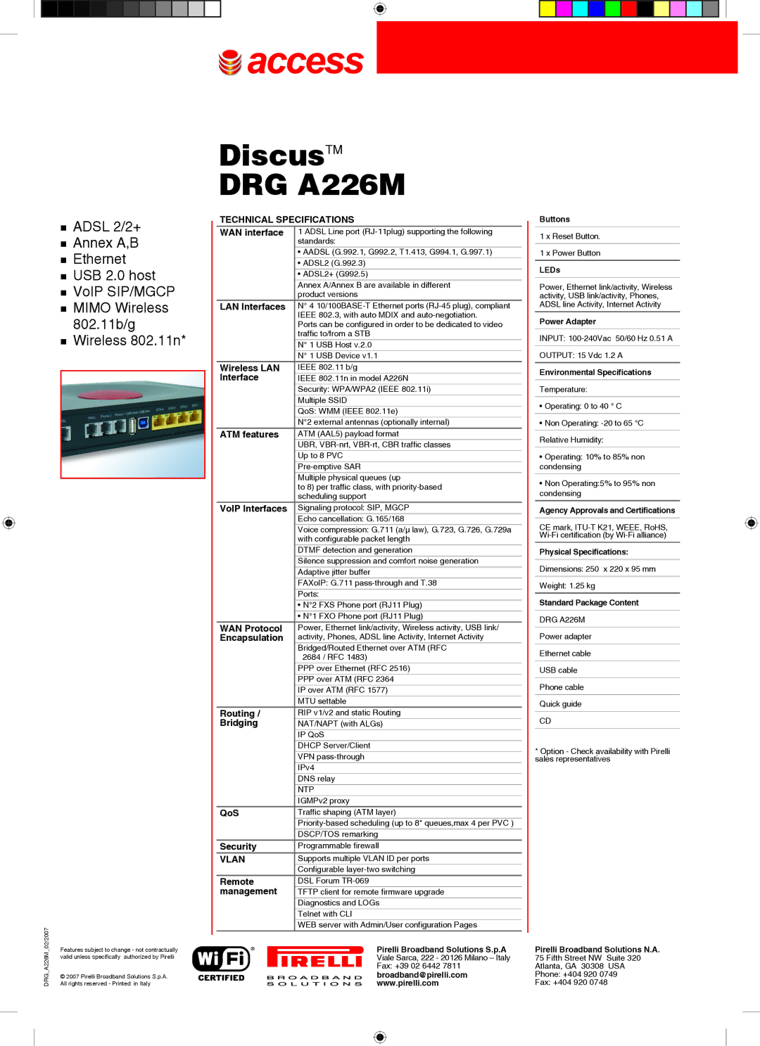 Pirelli DRG A226M manual Technical Specifications, Vlan 