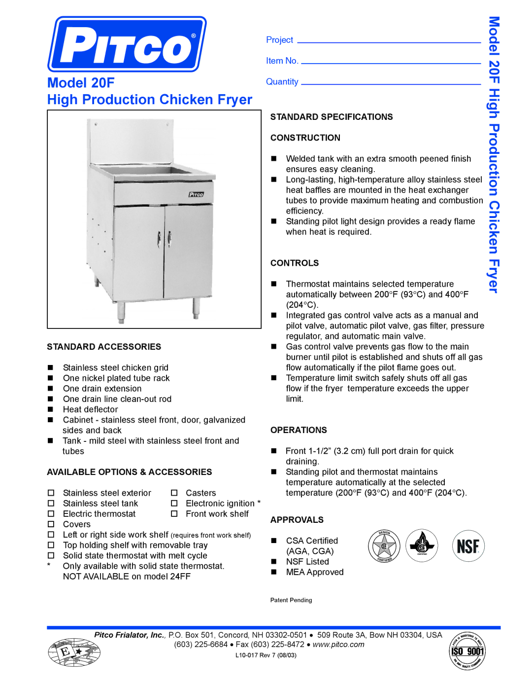 Pitco Frialator specifications Model 20F High Production Chicken Fryer 