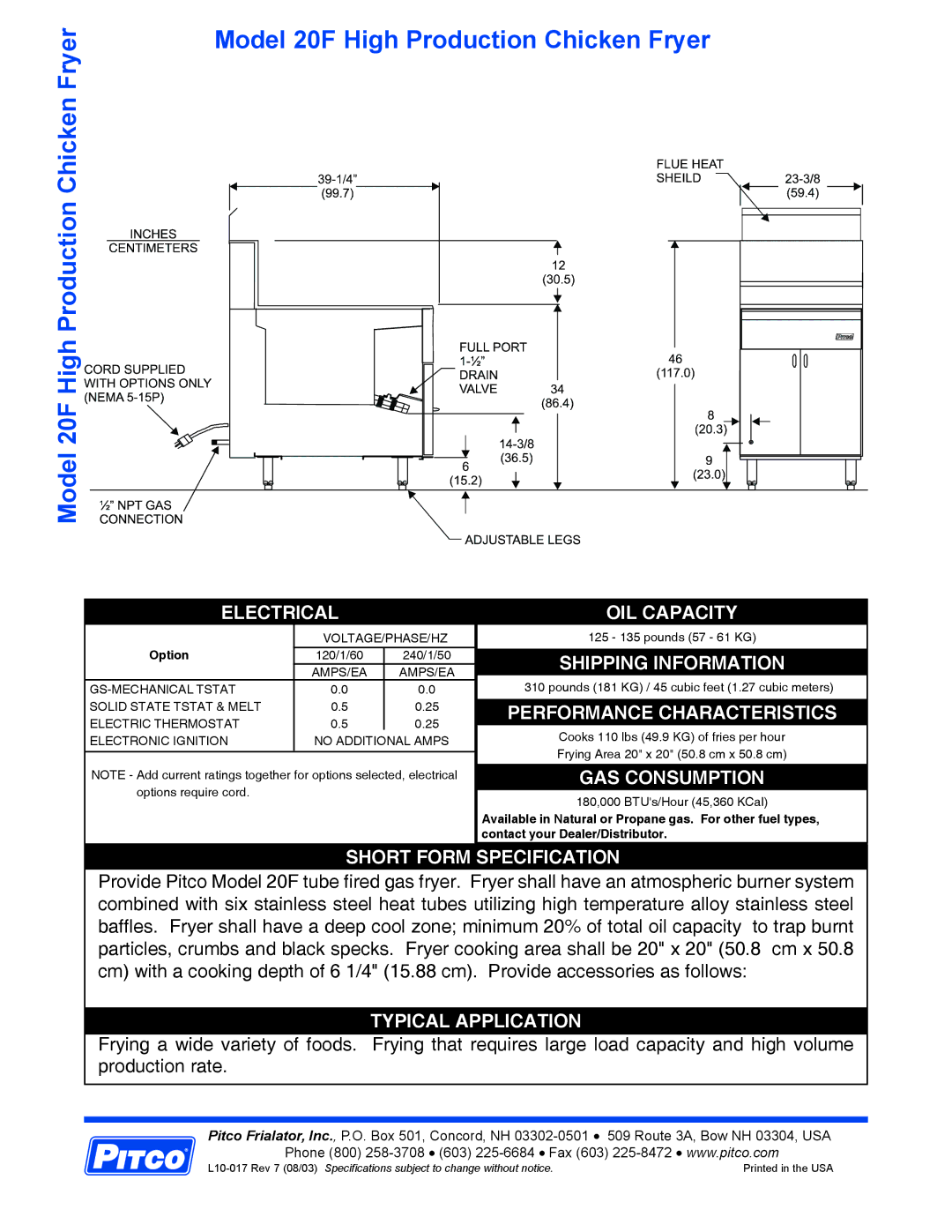 Pitco Frialator 20F Electrical OIL Capacity, Shipping Information, Performance Characteristics, GAS Consumption 