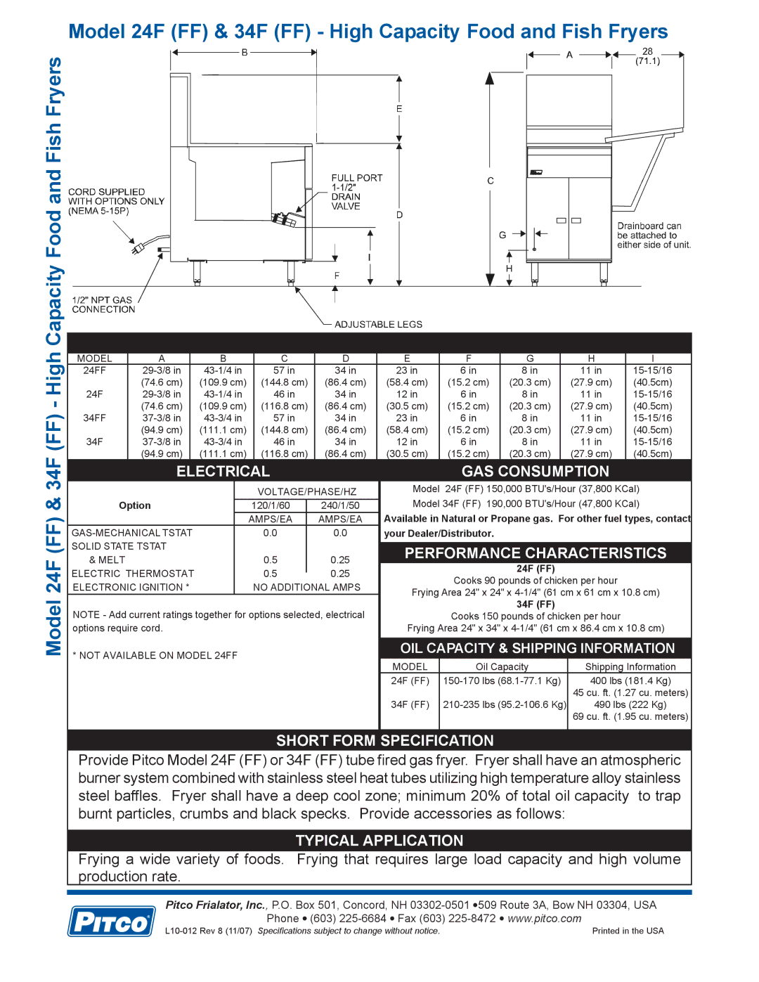 Pitco Frialator 24FF, 34FF specifications Model 24F FF & 34F FF High Capacity Food and Fish Fryers 