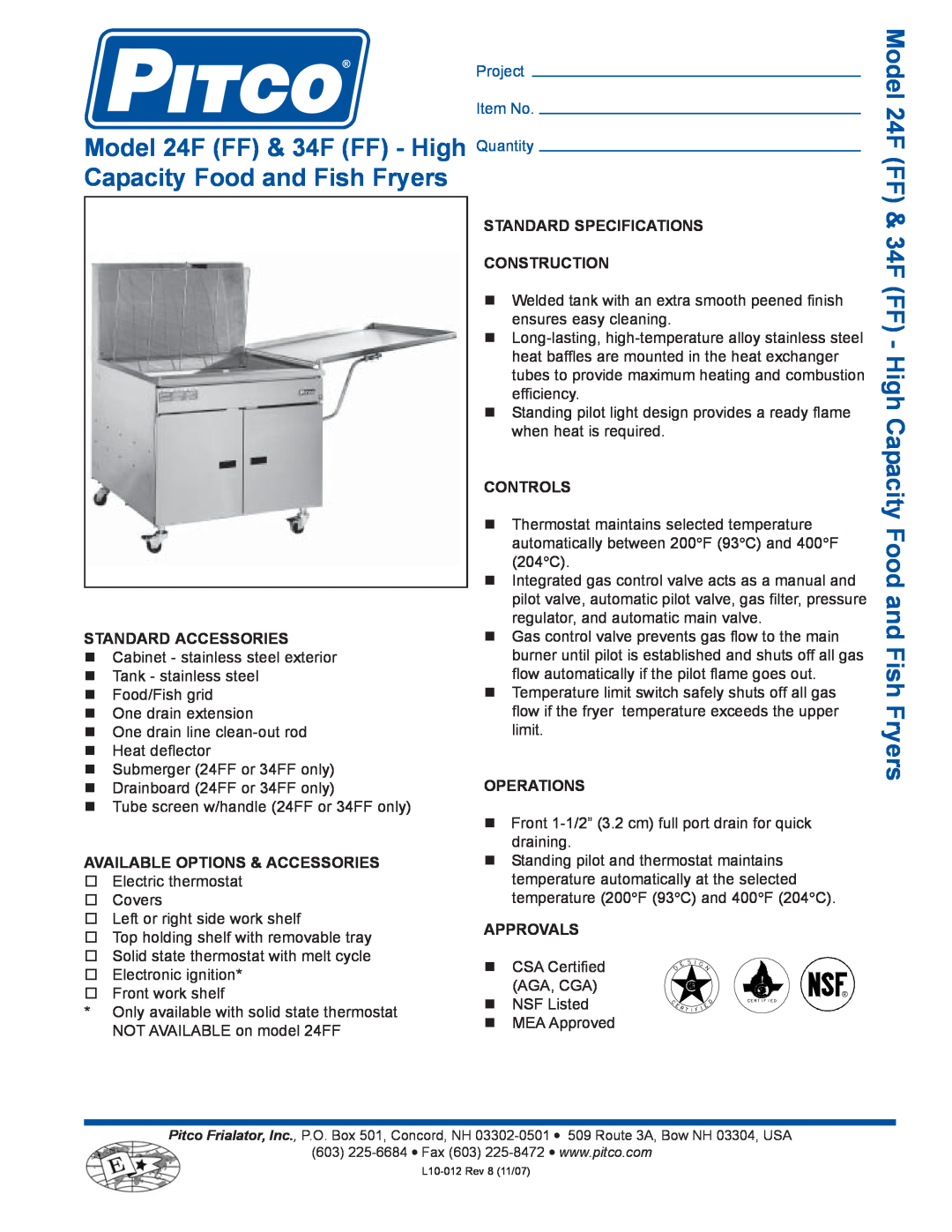 Pitco Frialator 34FF specifications Model 24F FF & 34F FF - High Quantity, Capacity Food and Fish Fryers, Project Item No 