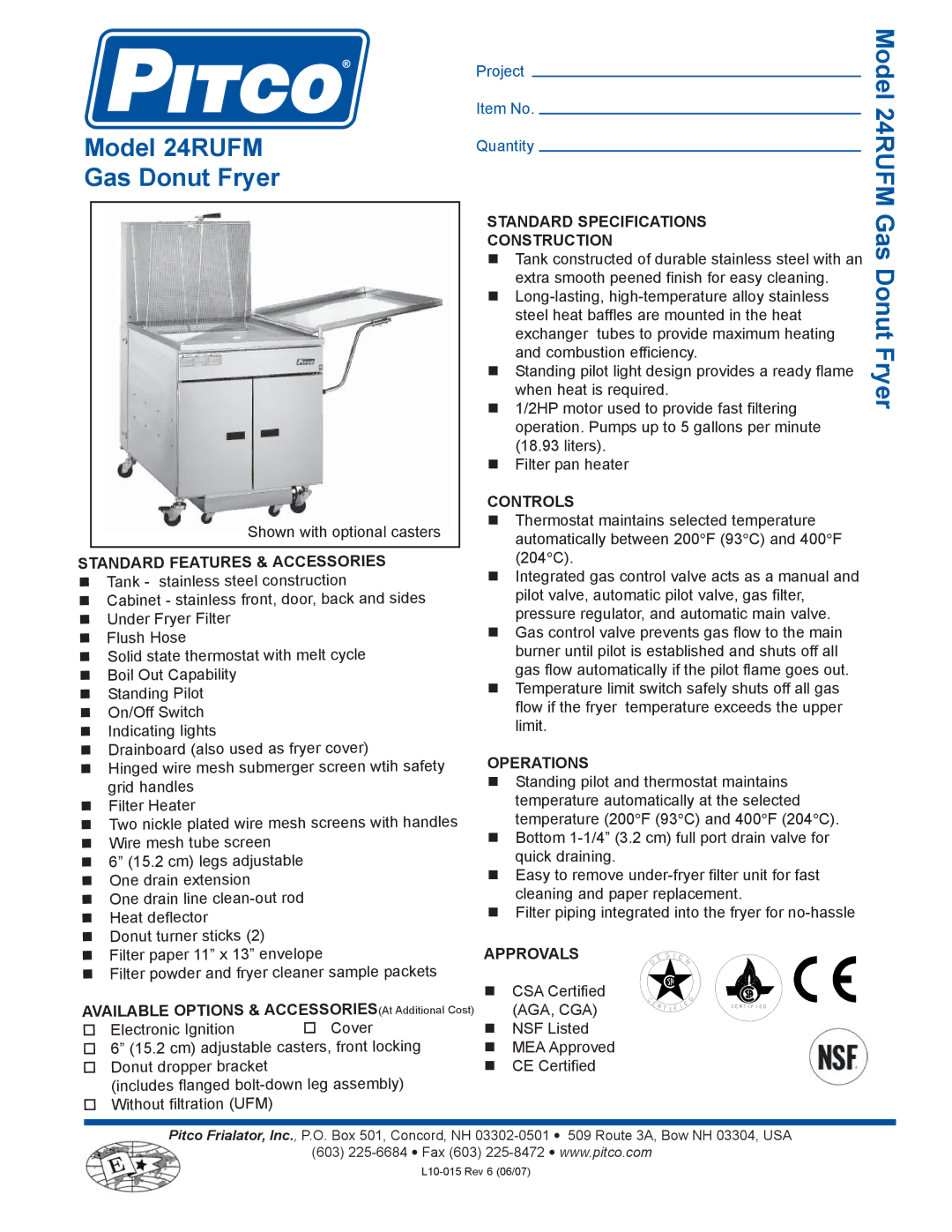 Pitco Frialator specifications Gas Donut Fryer Model 24RUFM 