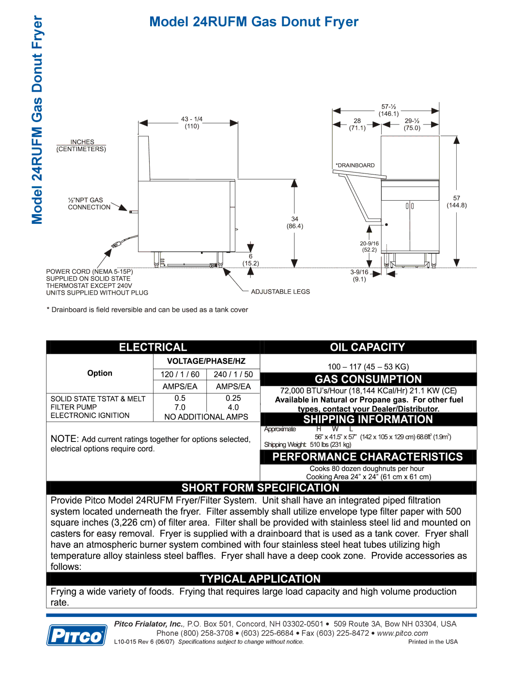 Pitco Frialator specifications Model 24RUFM Gas Donut Fryer 