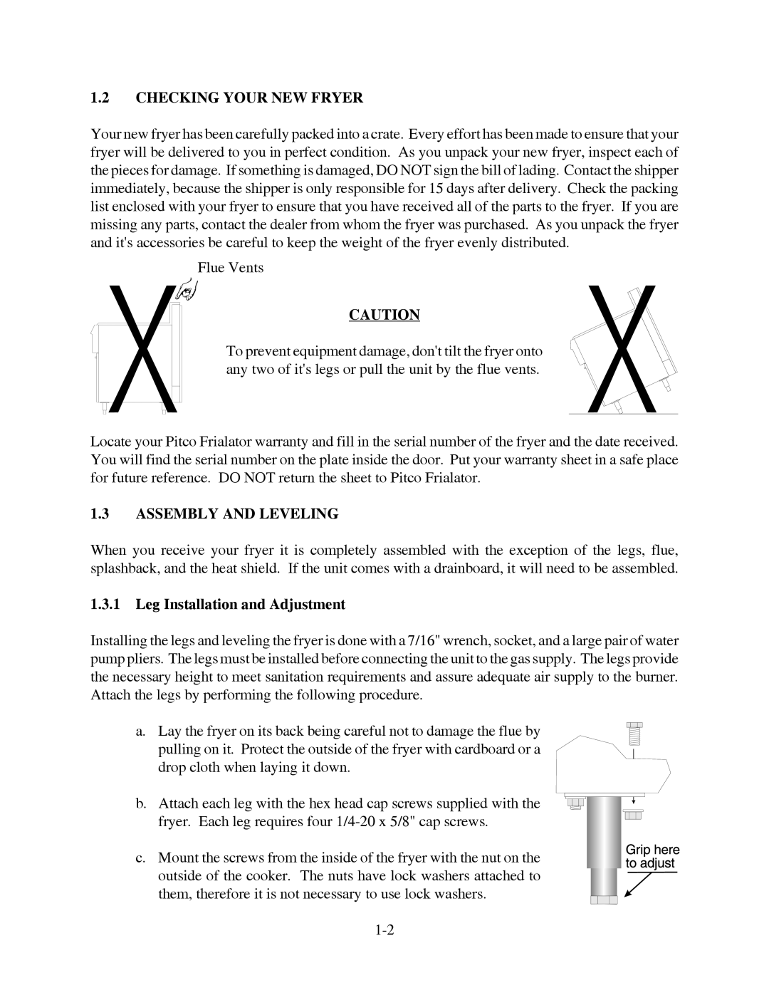 Pitco Frialator 20, 26 manual Checking Your NEW Fryer, Assembly and Leveling, Leg Installation and Adjustment 