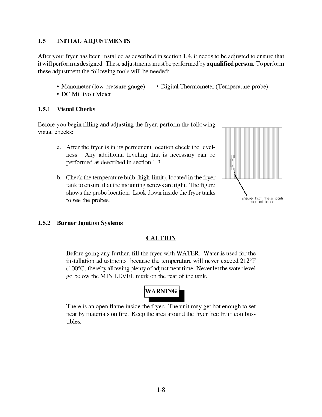 Pitco Frialator 20, 26 manual Initial Adjustments, Visual Checks, Burner Ignition Systems 