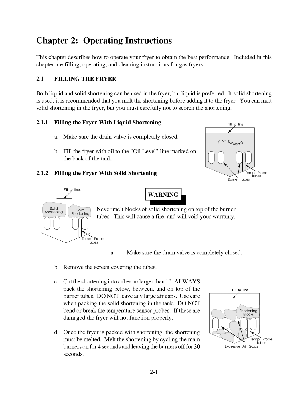 Pitco Frialator 26, 20 manual Operating Instructions, Filling the Fryer With Liquid Shortening 