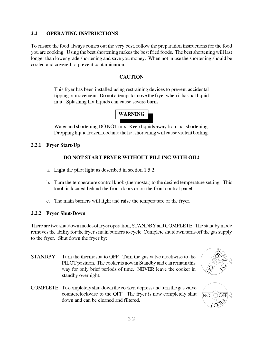 Pitco Frialator 20 Operating Instructions, Fryer Start-Up, Do not Start Fryer Without Filling with OIL, Fryer Shut-Down 