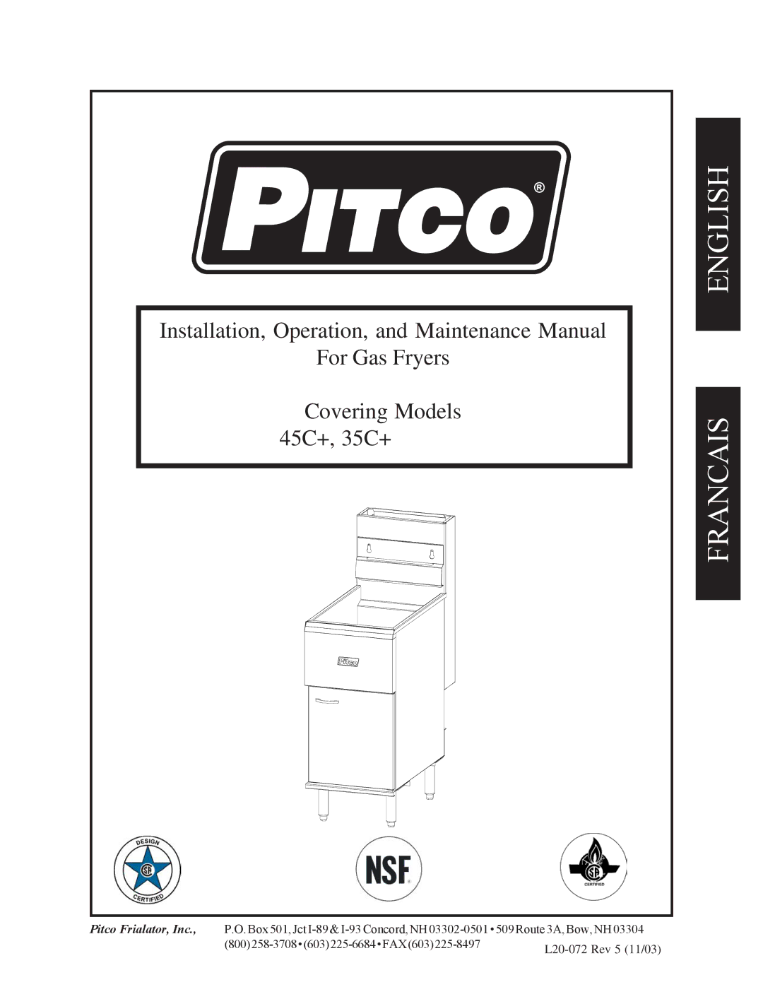 Pitco Frialator 45C+, 35C+ manual English Francais 