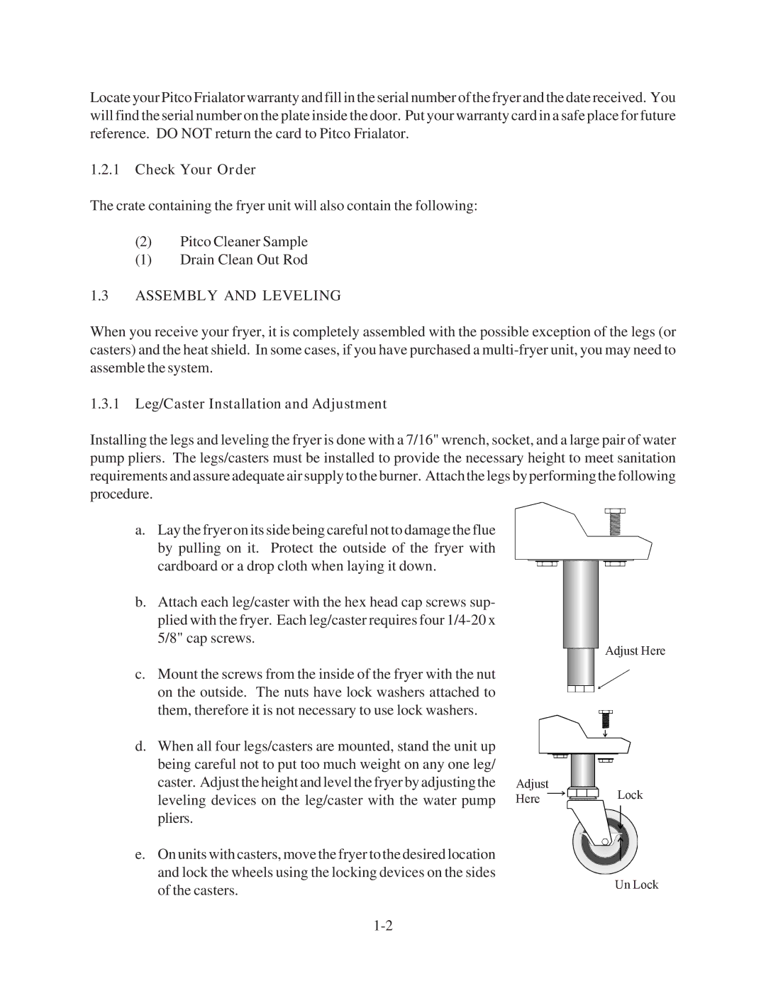 Pitco Frialator 35C+, 45C+ manual Check Your Order, Assembly and Leveling, 1 Leg/Caster Installation and Adjustment 