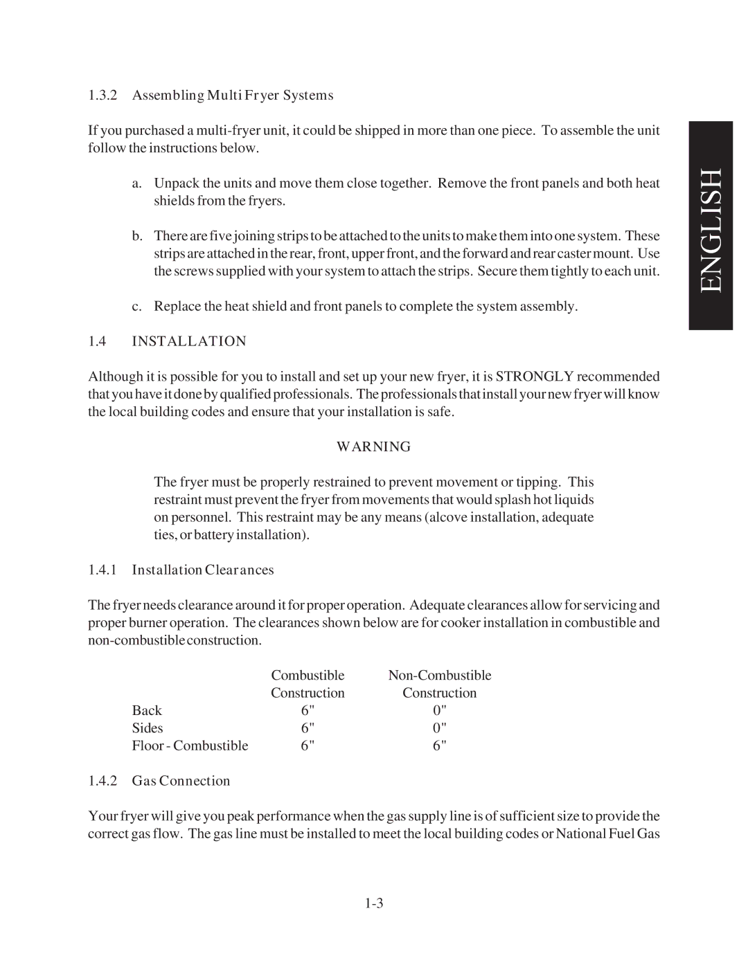 Pitco Frialator 45C+, 35C+ manual Assembling Multi Fryer Systems, Installation Clearances, Gas Connection 