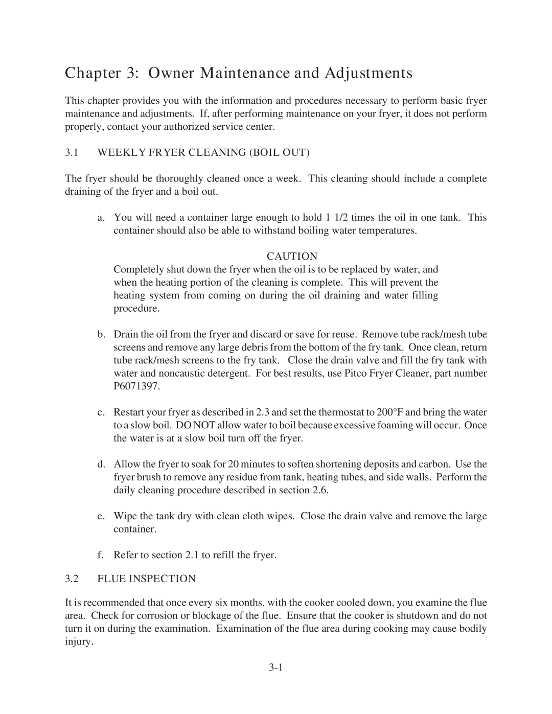 Pitco Frialator 35C+, 45C+ manual Owner Maintenance and Adjustments, Weekly Fryer Cleaning Boil OUT, Flue Inspection 