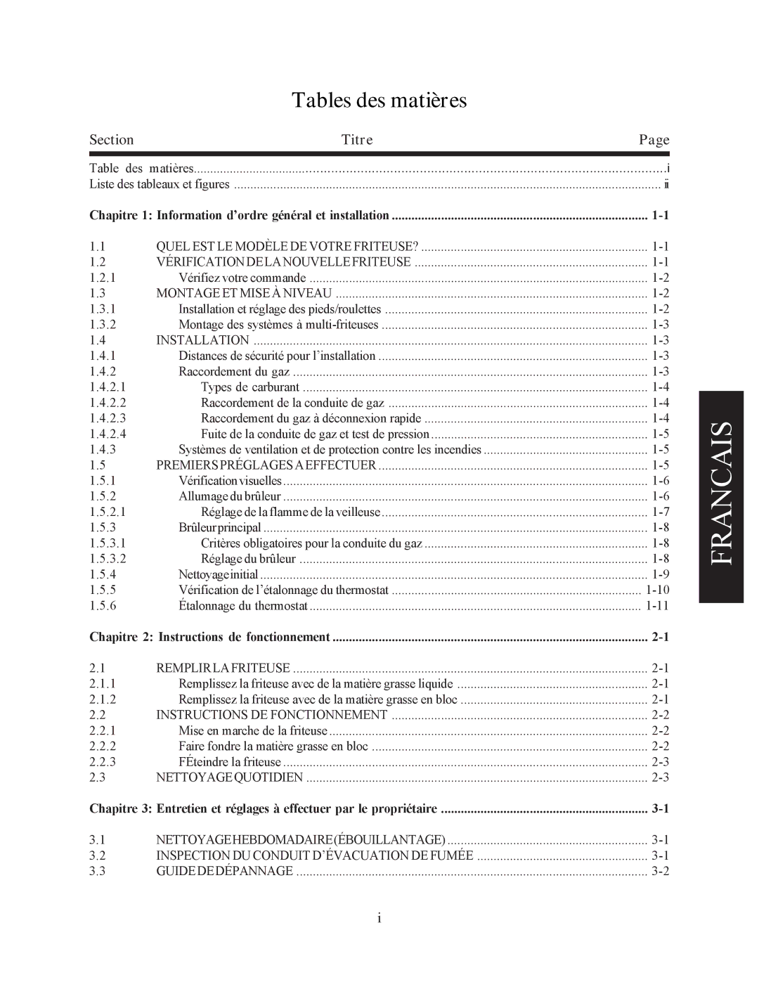 Pitco Frialator 45C+, 35C+ manual Tables des matières, Section Titre 