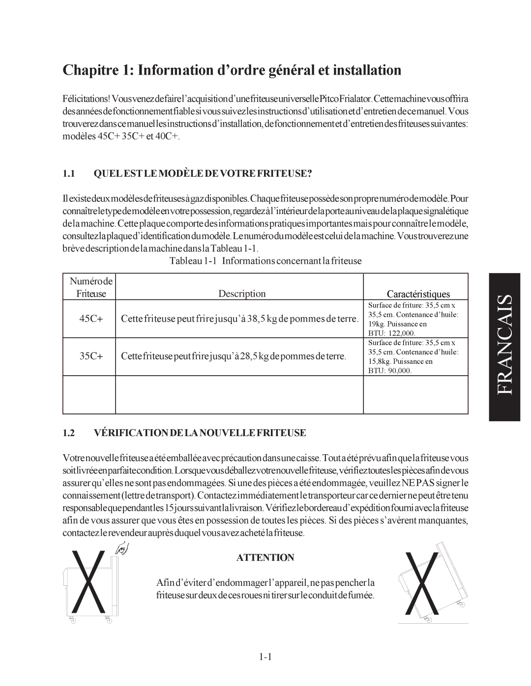 Pitco Frialator 45C+, 35C+ manual Chapitre 1 Information d’ordre général et installation, Quelestlemodèledevotrefriteuse? 