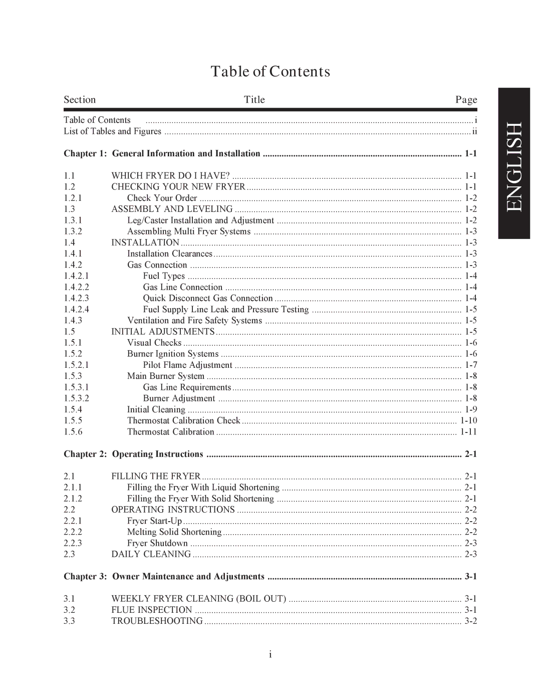 Pitco Frialator 45C+, 35C+ manual Table of Contents 