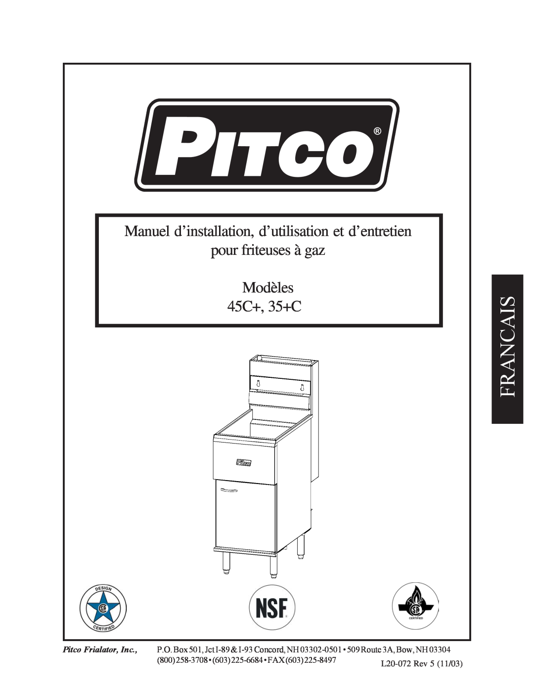 Pitco Frialator 35C+ 45C+, 35+C, Modèles, Manuel d’installation, d’utilisation et d’entretien, pour friteuses à gaz 