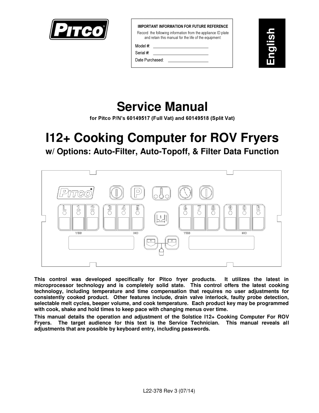 Pitco Frialator manual For Pitco P/N’s 60149517 Full Vat and 60149518 Split Vat 