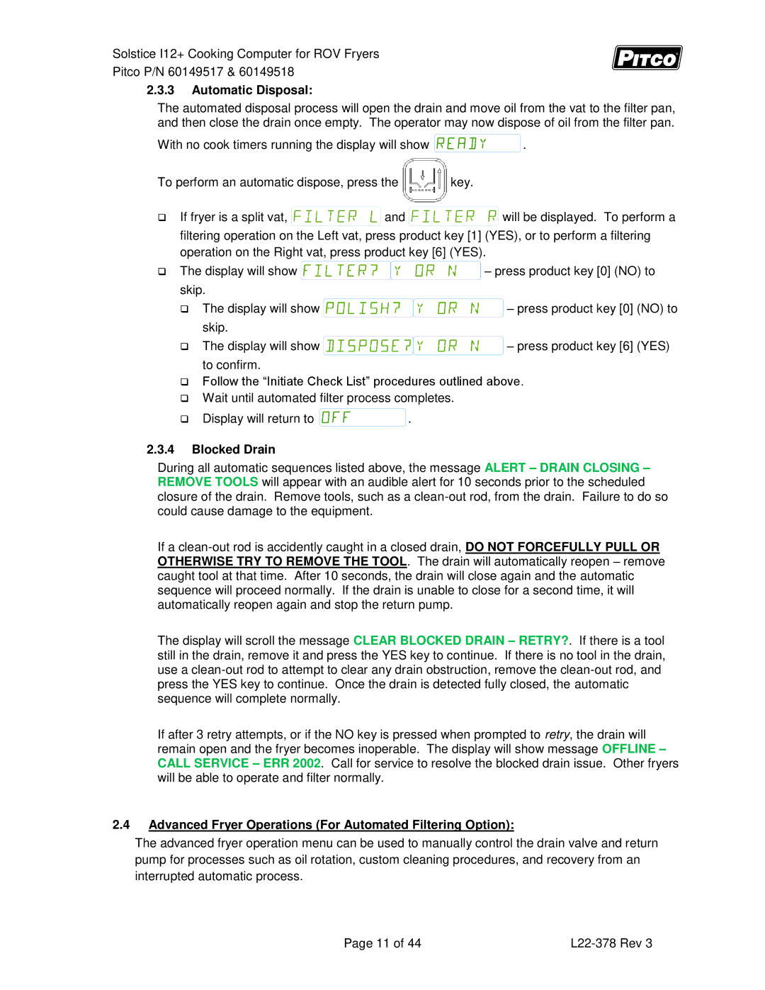 Pitco Frialator 60149517 manual Automatic Disposal, Blocked Drain, Advanced Fryer Operations For Automated Filtering Option 