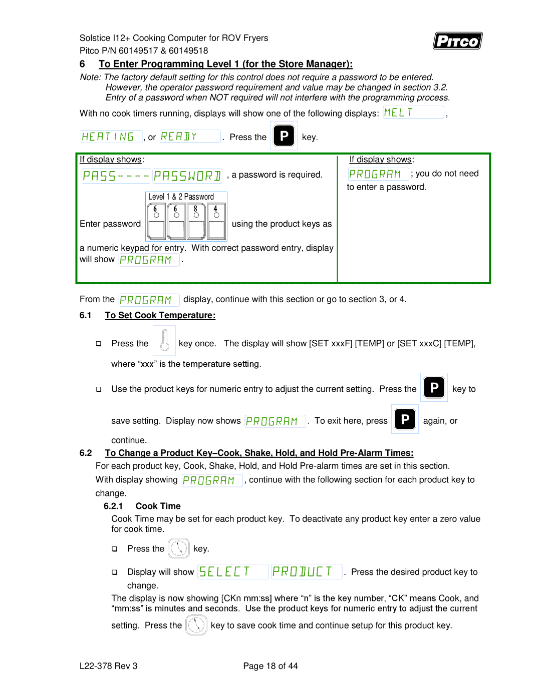 Pitco Frialator 60149518, 60149517 To Enter Programming Level 1 for the Store Manager, To Set Cook Temperature, Cook Time 