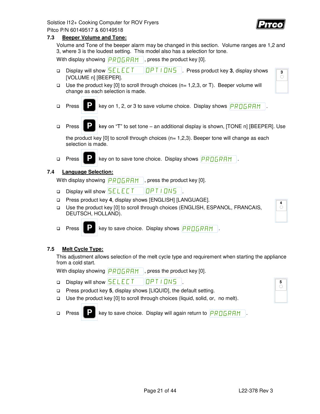 Pitco Frialator 60149517, 60149518 manual Beeper Volume and Tone, Language Selection, Melt Cycle Type 