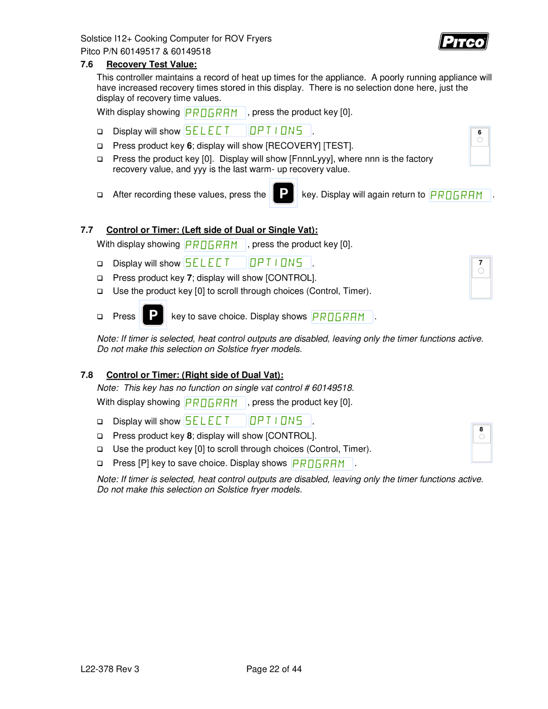 Pitco Frialator 60149518, 60149517 manual Recovery Test Value, Control or Timer Left side of Dual or Single Vat 
