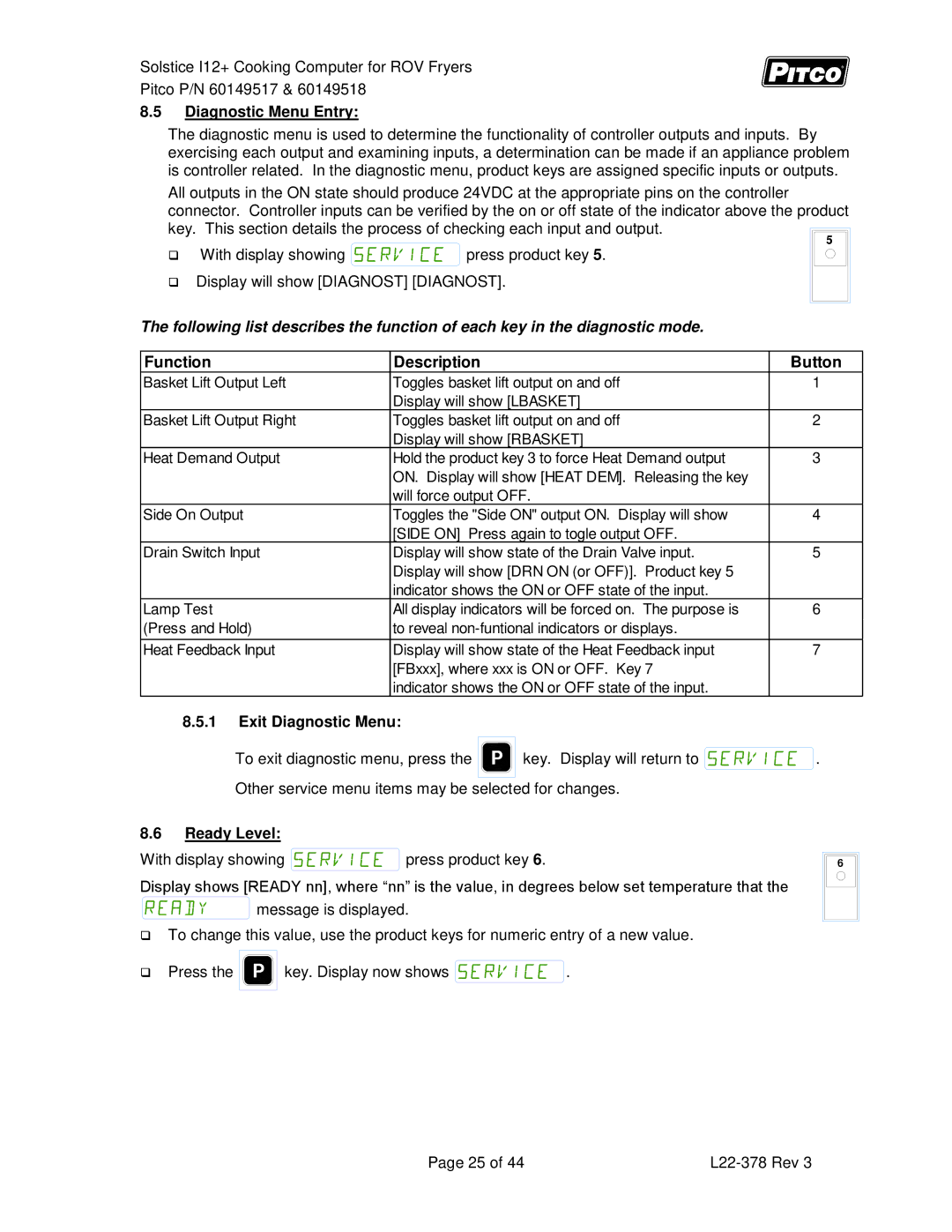 Pitco Frialator 60149517, 60149518 manual Diagnostic Menu Entry, Exit Diagnostic Menu, Ready Level 