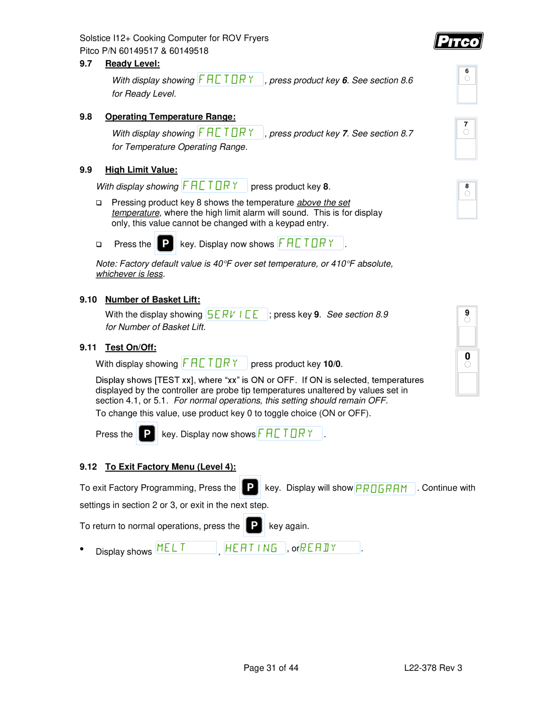 Pitco Frialator 60149517, 60149518 manual High Limit Value, Number of Basket Lift, Test On/Off, To Exit Factory Menu Level 
