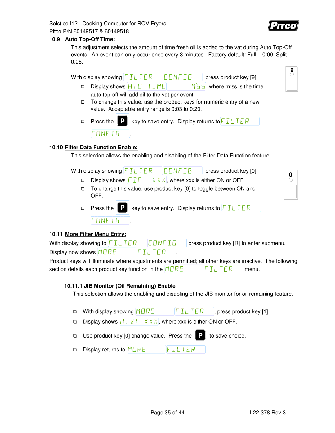 Pitco Frialator 60149517, 60149518 manual Auto Top-Off Time, Filter Data Function Enable, More Filter Menu Entry 