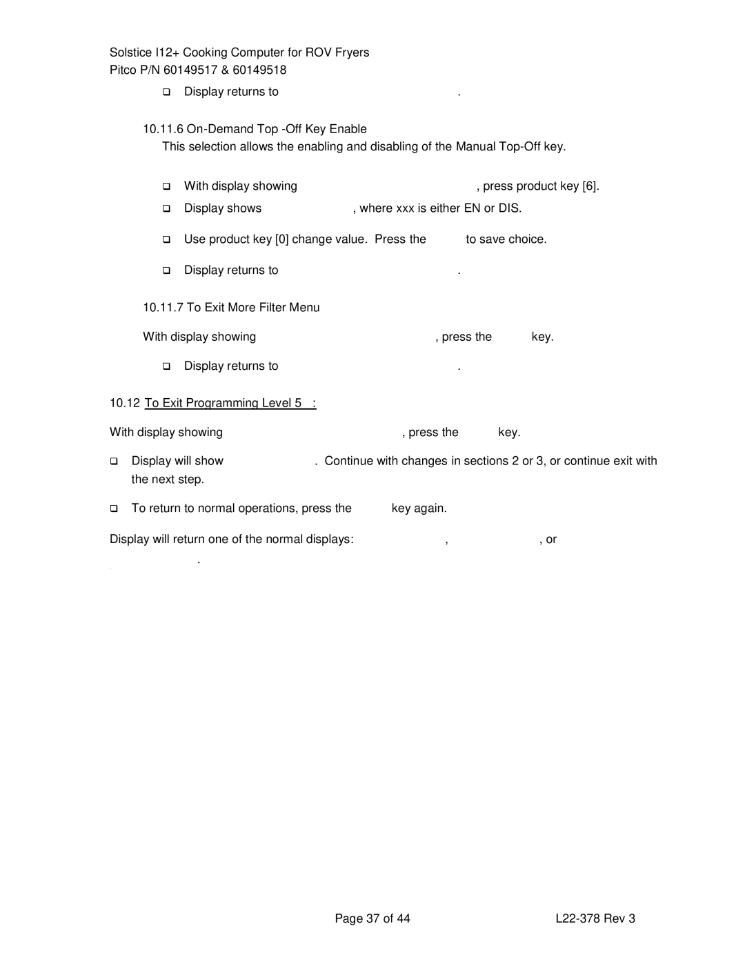 Pitco Frialator 60149517, 60149518 manual On-Demand Top-Off Key Enable, To Exit More Filter Menu 