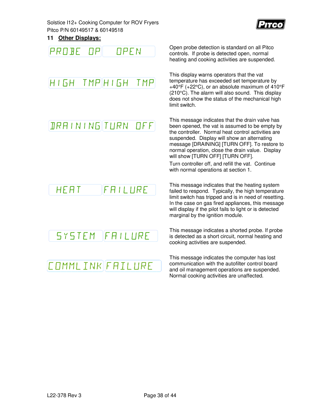 Pitco Frialator 60149518, 60149517 manual Other Displays 