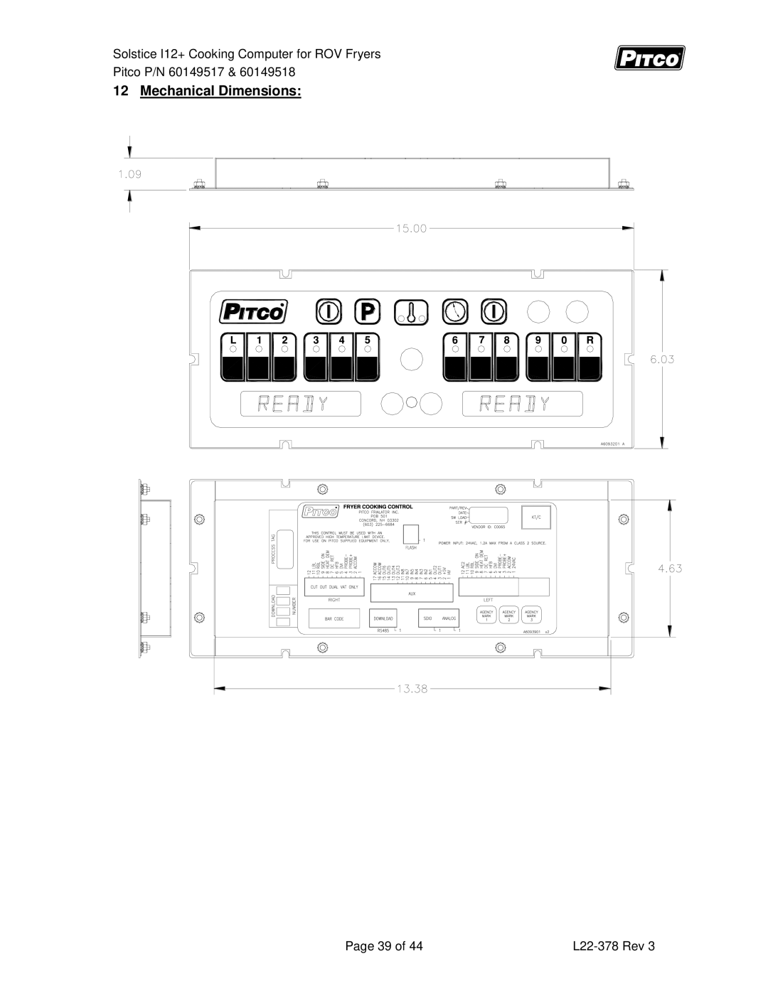 Pitco Frialator 60149517, 60149518 manual Mechanical Dimensions 