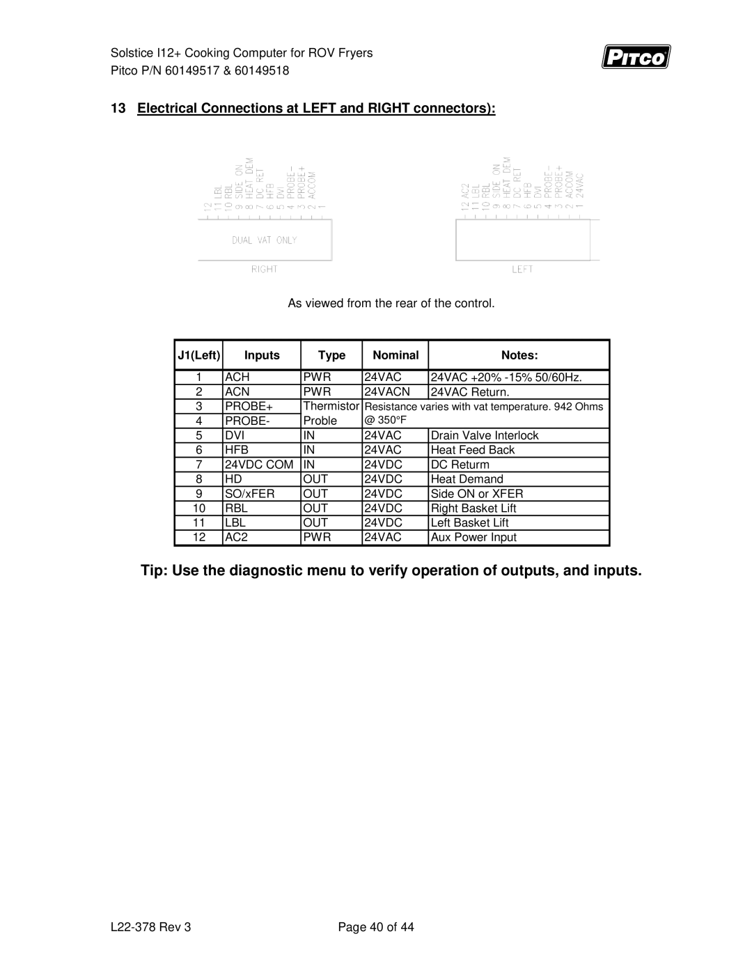 Pitco Frialator 60149518, 60149517 manual Electrical Connections at Left and Right connectors, J1Left Inputs Type Nominal 