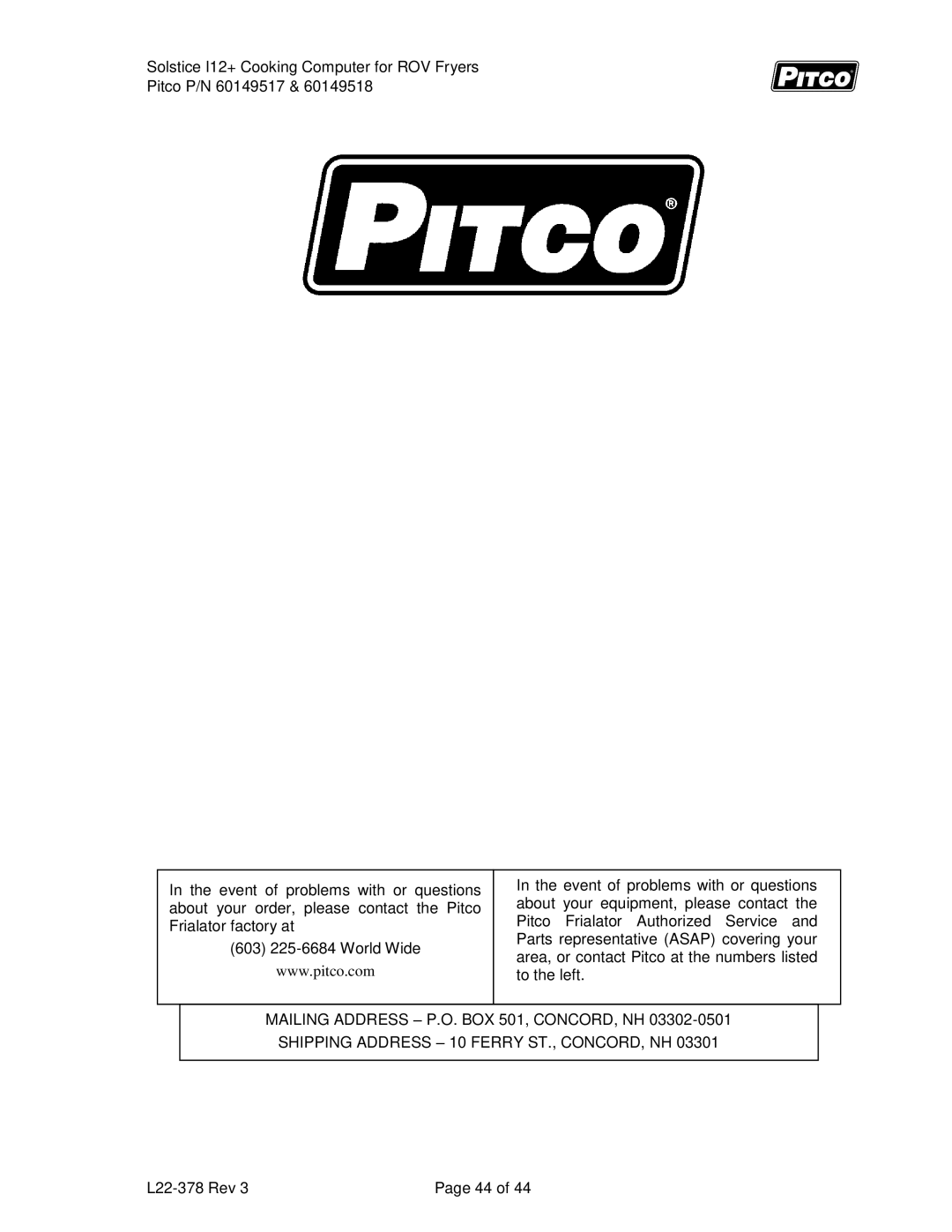 Pitco Frialator 60149518, 60149517 manual L22-378 Rev 