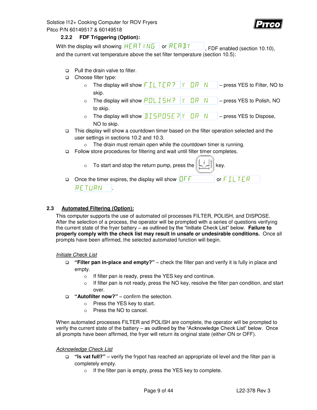Pitco Frialator 60149517, 60149518 manual FDF Triggering Option, Automated Filtering Option 