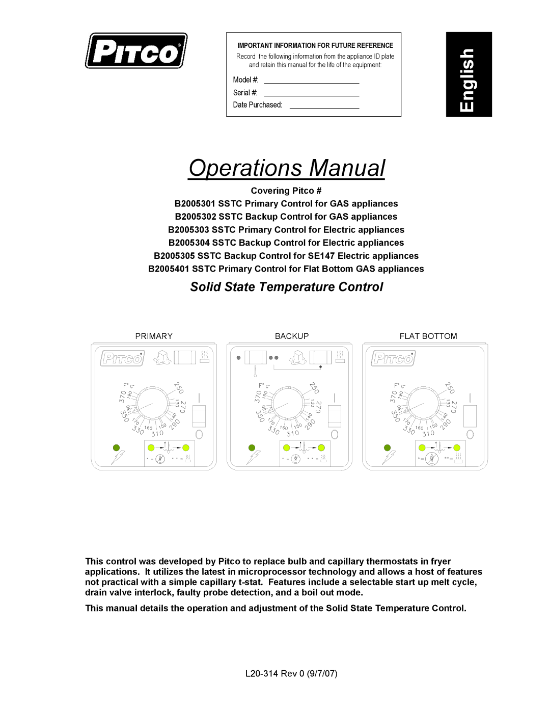 Pitco Frialator B2005303 SSTC, B2005304 SSTC, B2005302 SSTC, B2005301 SSTC, B2005401 SSTC manual Operations Manual 