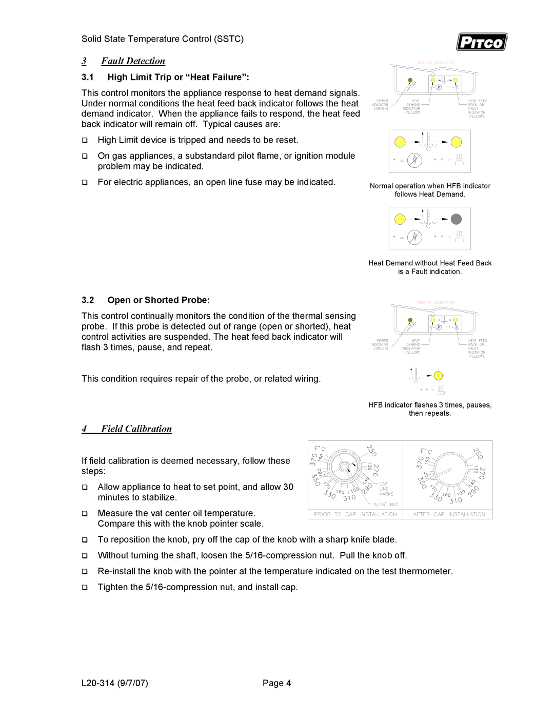 Pitco Frialator B2005401 SSTC Fault Detection, Field Calibration, High Limit Trip or Heat Failure, Open or Shorted Probe 