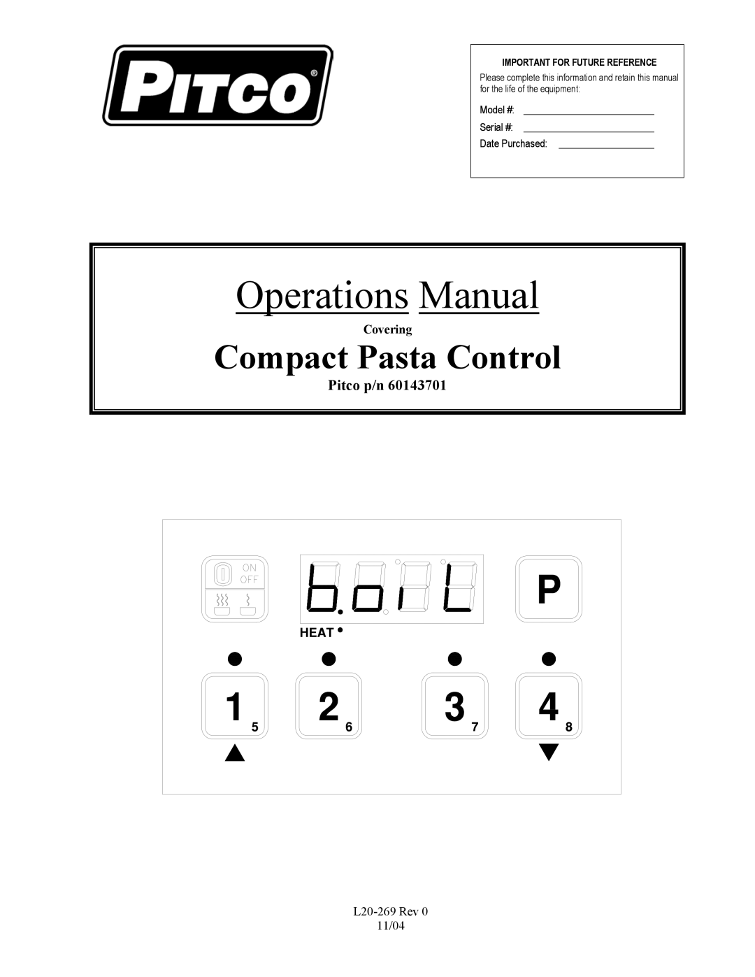 Pitco Frialator Compact Pasta Control manual Operations Manual, Covering 