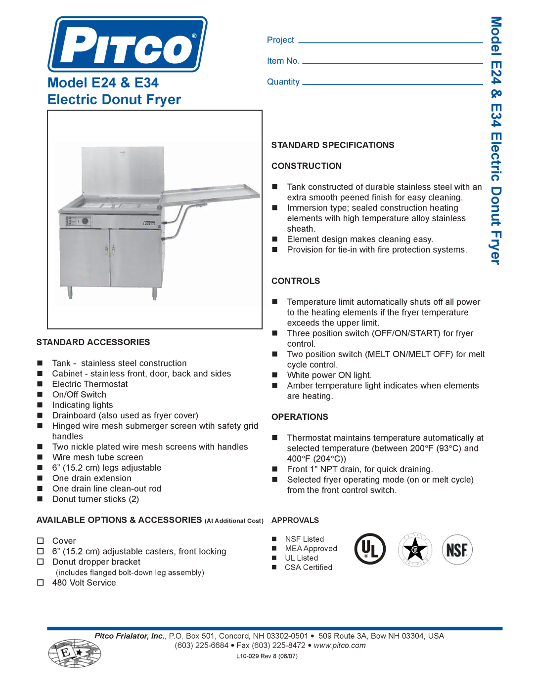 Pitco Frialator specifications Model E24 & E34 Electric Donut Fryer 