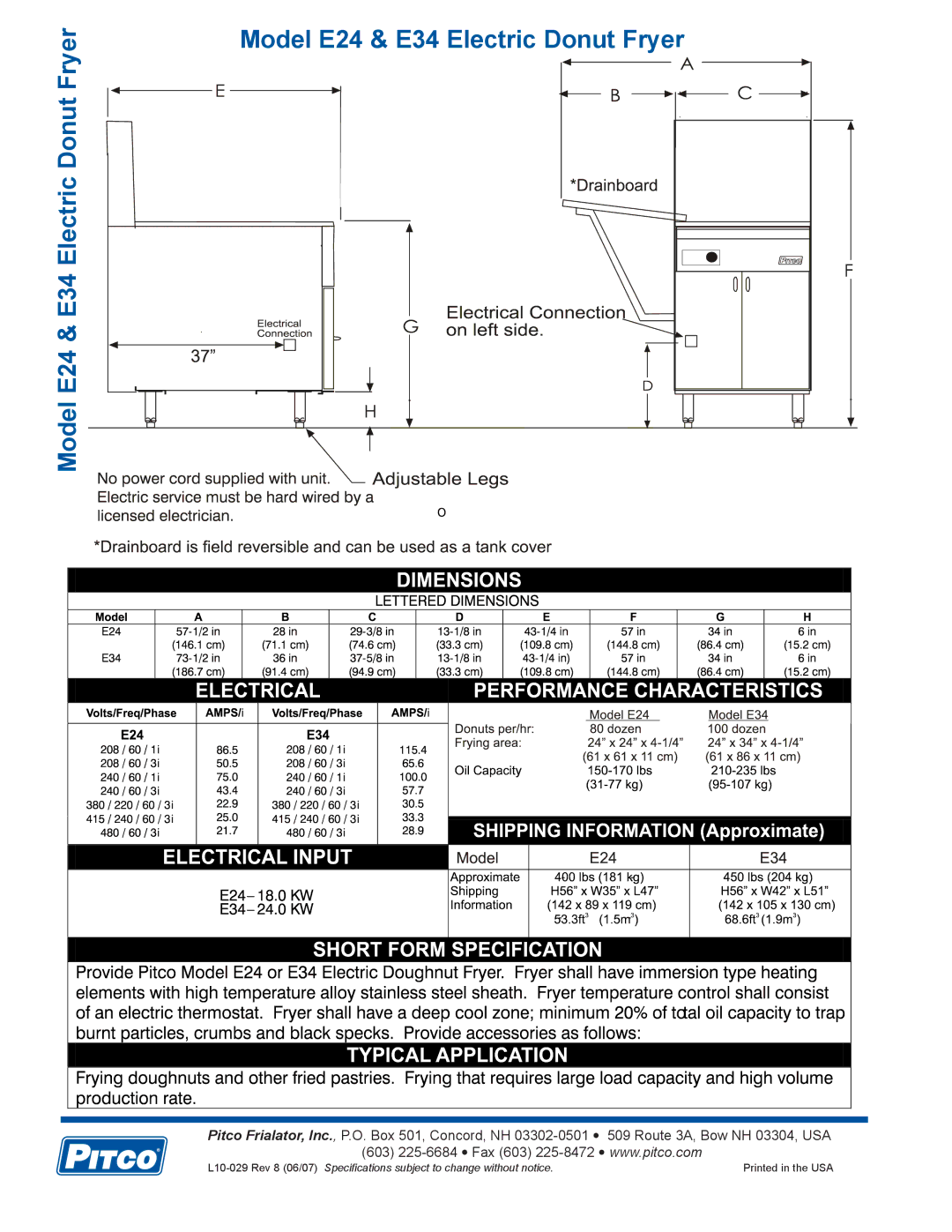 Pitco Frialator specifications Model E24 & E34 Electric Donut Fryer 